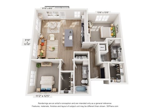 Floor plan for 2 beds, 2 baths, 1250 sqft